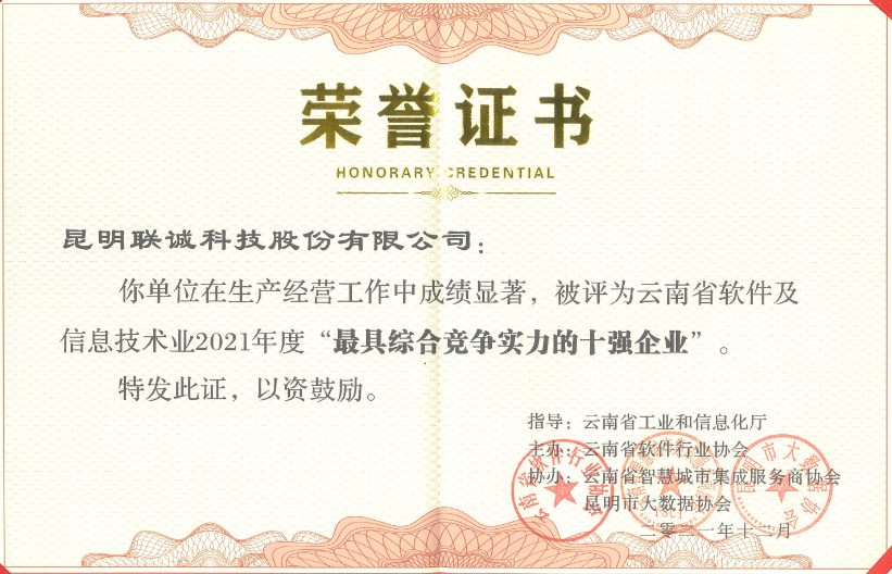 1770098080745539 云南省软件及信息技术技术业最具综合竞争实力的十强